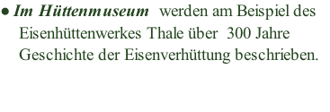 Im Hüttenmuseum  werden am Beispiel des       Eisenhüttenwerkes Thale über  300 Jahre     Geschichte der Eisenverhüttung beschrieben.